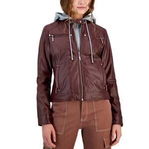 Juniors' Jou Jou  Faux-Leather Hooded Moto Jacket Small NWT
